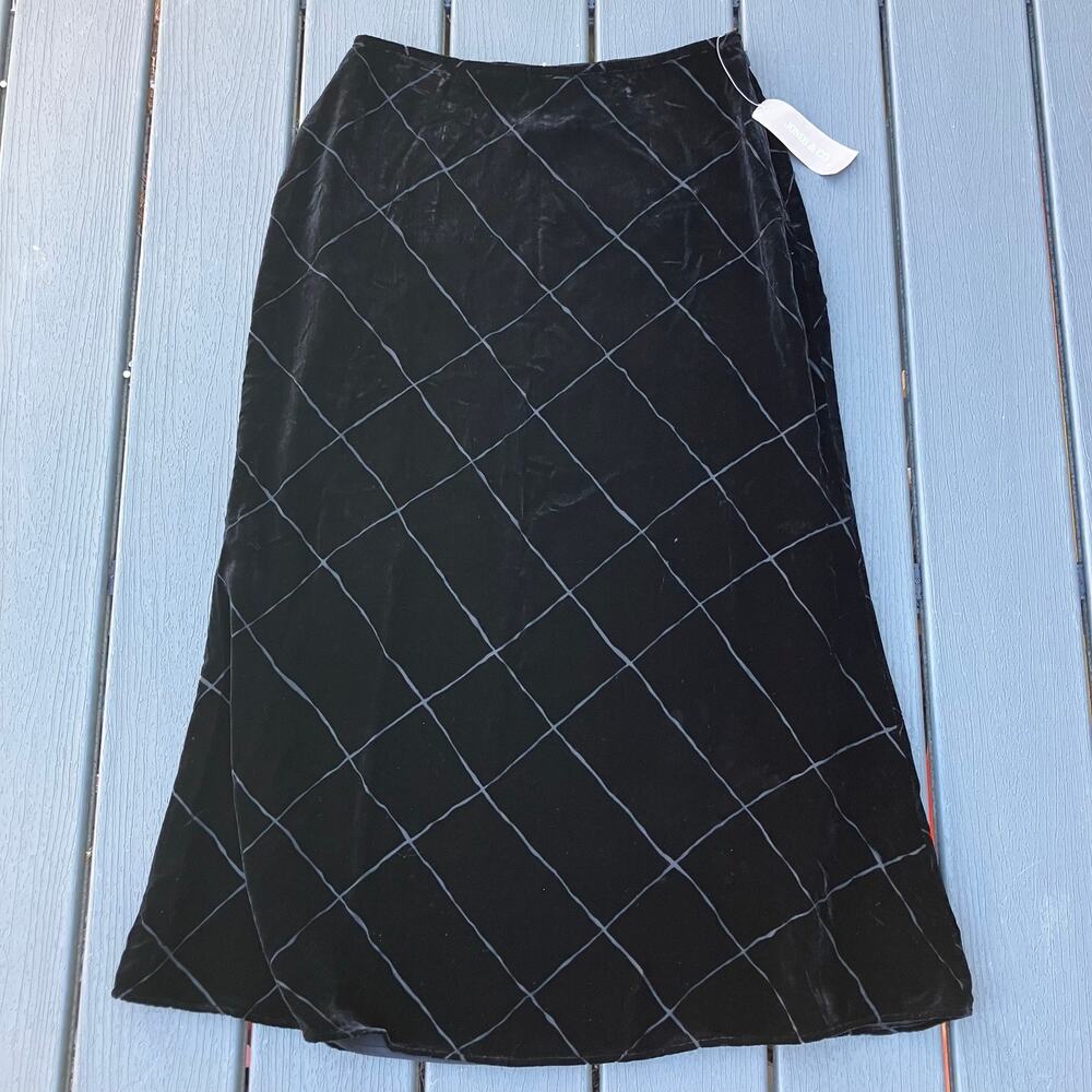 Black velvet midi skirt grid lines, Jones & Co whimsigoth dark academia preppy